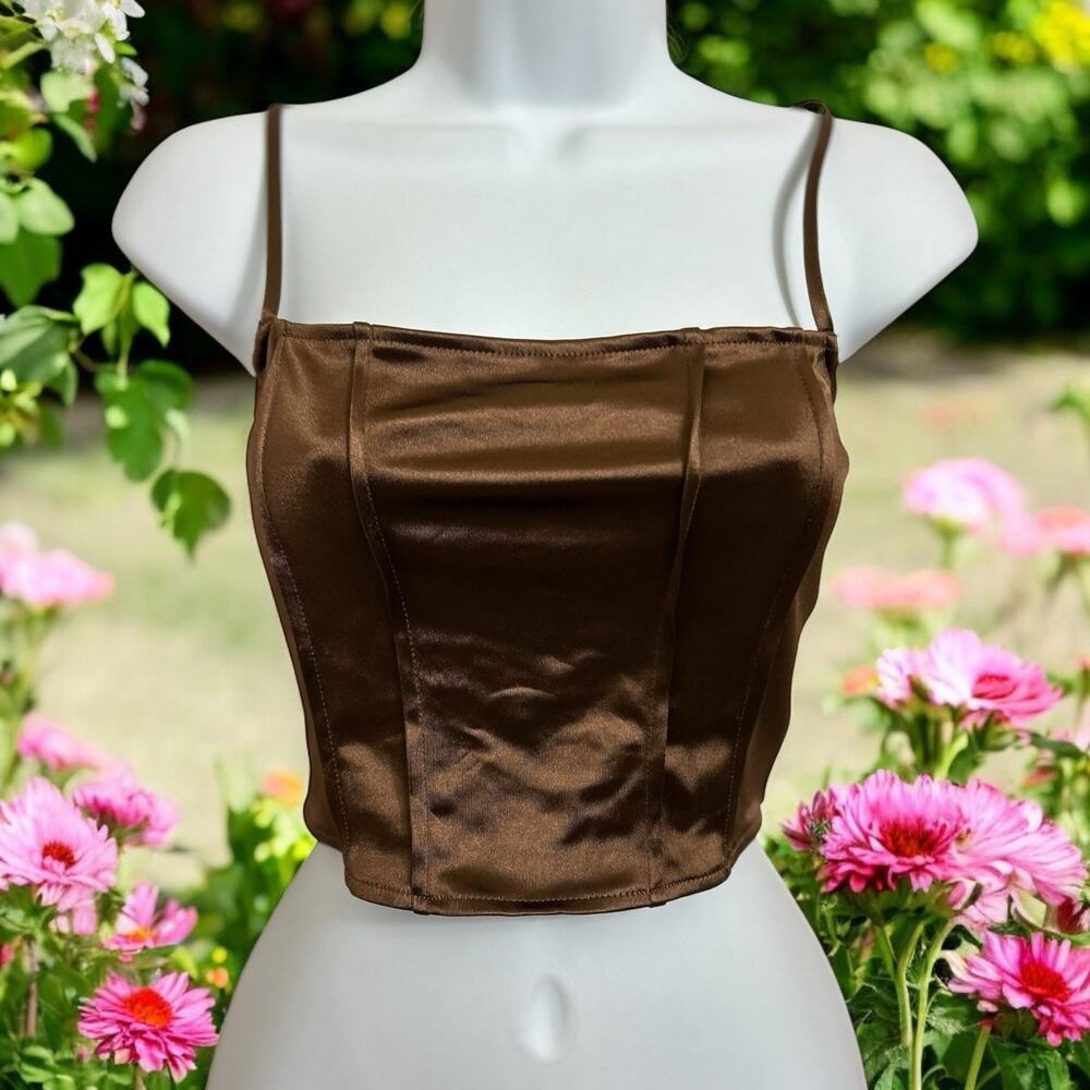 Divided By H&M Silky Brown Corset Crop Top Sz Small Laced Back Blouse New
